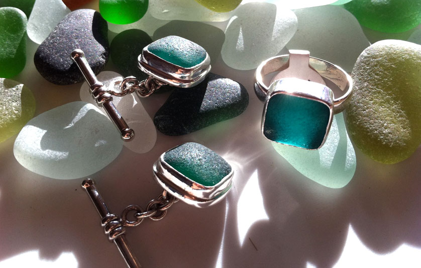 Sea glass cuff links and ring